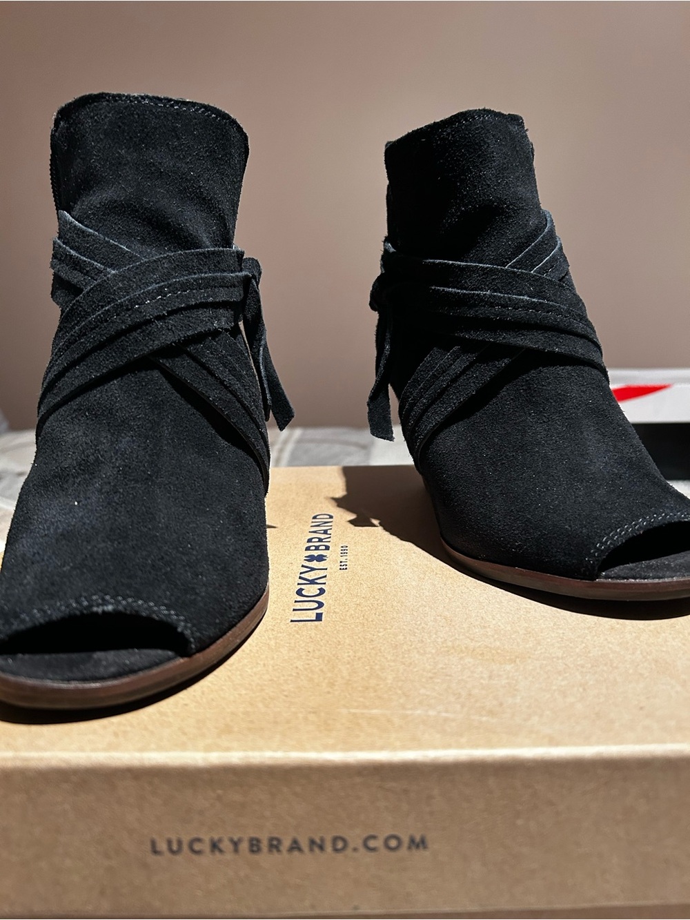 Lucky Brand Black Suede Peep-Toe Ankle Booties with Wrap Straps
